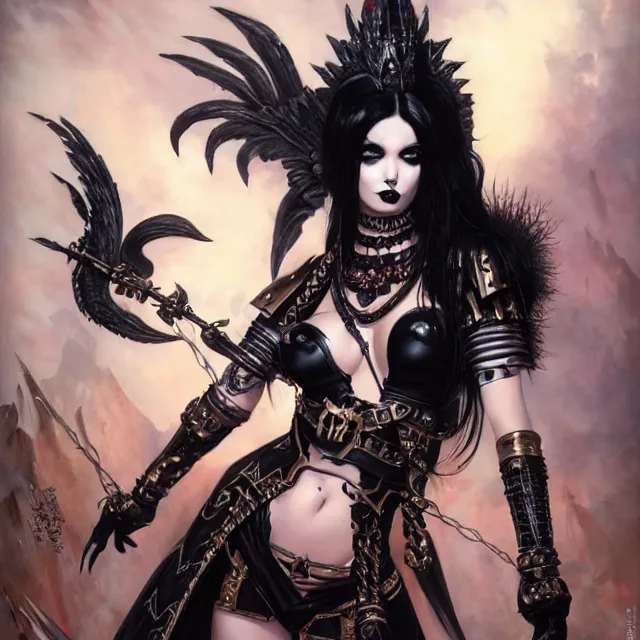 Image similar to portrait of beautiful goth girl cosplay with black hair in warhammer armor, black makeup, string bikini, few tattoos, art by stanley lau and artgem and wlop and magali villeneuve and karol bak and francois boucher and gennady ulybin and valery budanov and gustave boulangerie