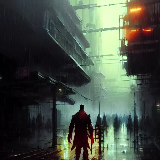 Image similar to an exhausted warrior wandering through a lost cyberpunk city from left to right, rainy day, radiant light, digital painting, art station, by les edwards, by greg rutkowski