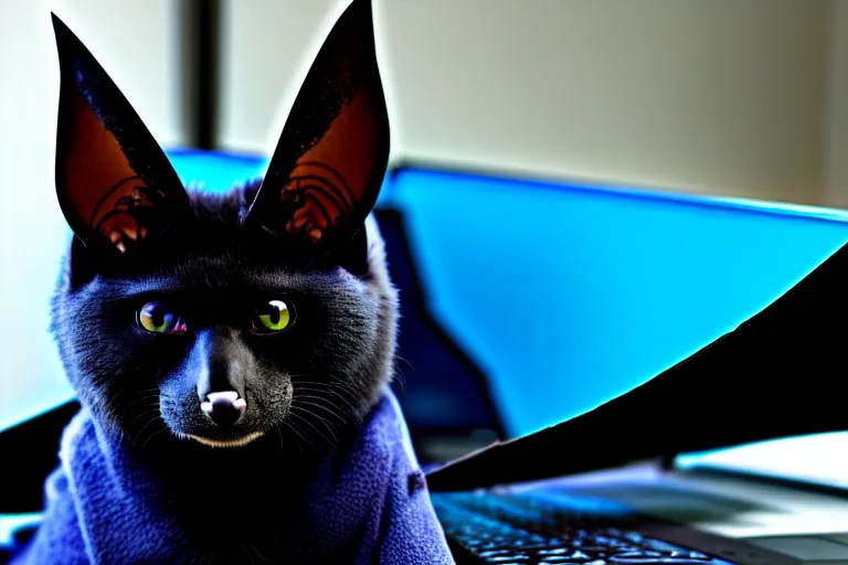 Image similar to a blue - and - black male catbat fursona with blue / green heterochromatic eyes and huge bat ears, photo of the catbat streaming on his computer