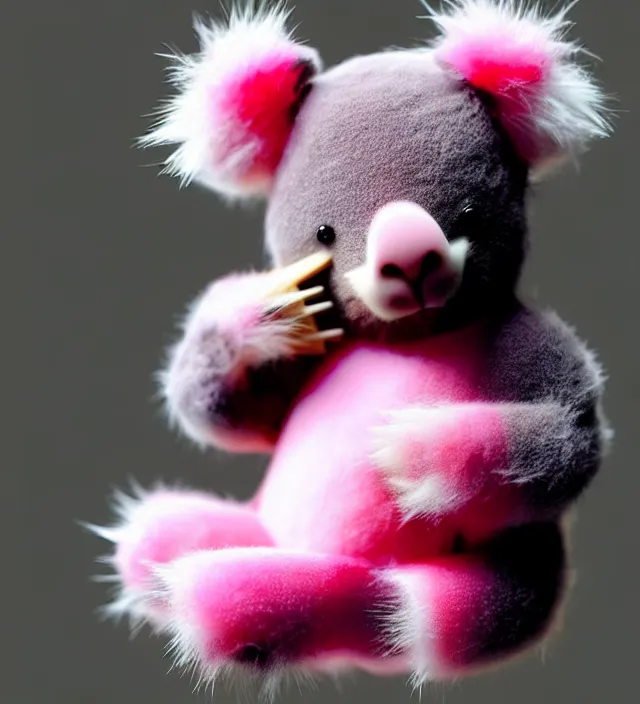 Image similar to high quality 3 d render hyperrealistic very cute small pink koala holding red heart, fog, steam, smoke, plush mascot, short spiky dense fluffy smooth hair, photo from the side, pink fluffy fur, 1 5 0 mm, beautiful natural soft light, rim light, smooth background, artstation, ultra detailed, elegant, ultra detailed, metallic armor, octane render