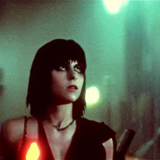 Image similar to a film portrait still of joan jett in blade runner, gritty cyberpunk atmosphere. realism, cinematic lighting, beautiful gothic fantasy photorealistic, 4 k. 8 mm. grainy. panavision.