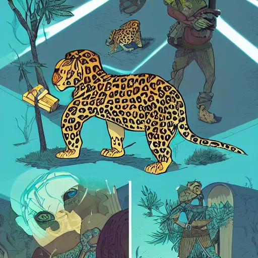 Prompt: the story of the leopard and the tortoise in the style of josan gonzalez