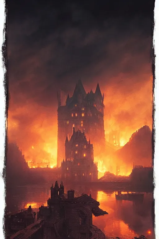 Image similar to a dragons eye with the reflection of a castle burning down by Greg Rutkowski, Sung Choi, Mitchell Mohrhauser, Maciej Kuciara, Johnson Ting, Maxim Verehin, Peter Konig, Bloodborne, macro lens, 35mm, 8k photorealistic, cinematic lighting, HD, high details, atmospheric,