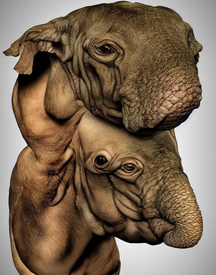 Prompt: portrait of muscular animal human merged head skin ears, no background, scales skin dog, cat merged elephant head cow, chicken face morphed fish head, gills, horse head animal merge, morphing dog head, animal eyes, merging crocodile head, anthropomorphic creature