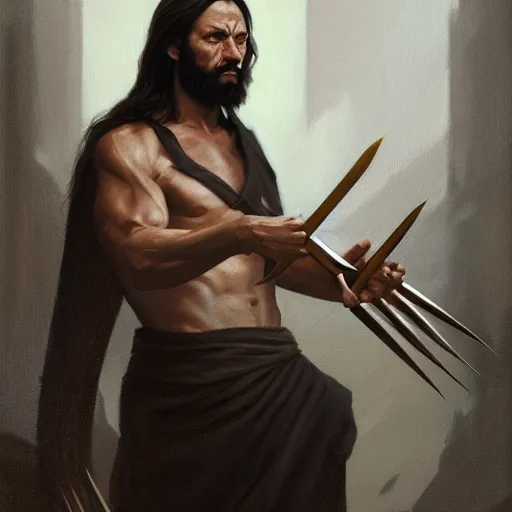 Prompt: Jesus Christ with wolverine clan claws . Highly detailed painting Greg rutkowski. Good clear quality, high detail, octagon render 8k