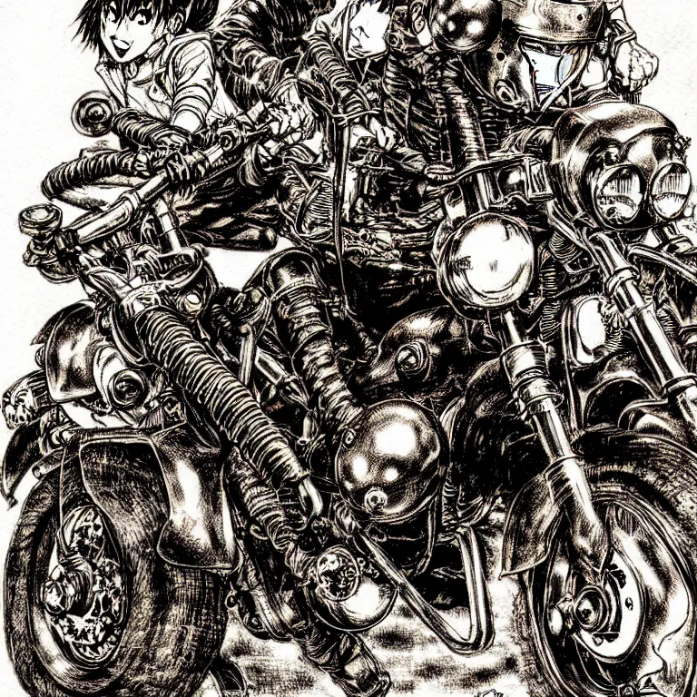 Prompt: motorbiker from hell, manga style of kentaro miura, by norman rockwell, weirdcore