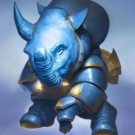 Prompt: An adorable anthropomorphic blue rhino wearing galactic battle armor, action pose, highly detailed, digital painting, artstation, concept art, smooth, sharp focus, studio light, by Justin Gerard and Jason Chan and riot studios,