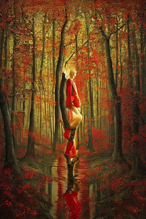 Image similar to immaculate painting of A Beautiful fine detailed gold and red and black Forest Illusion by erik johansson micro detailing