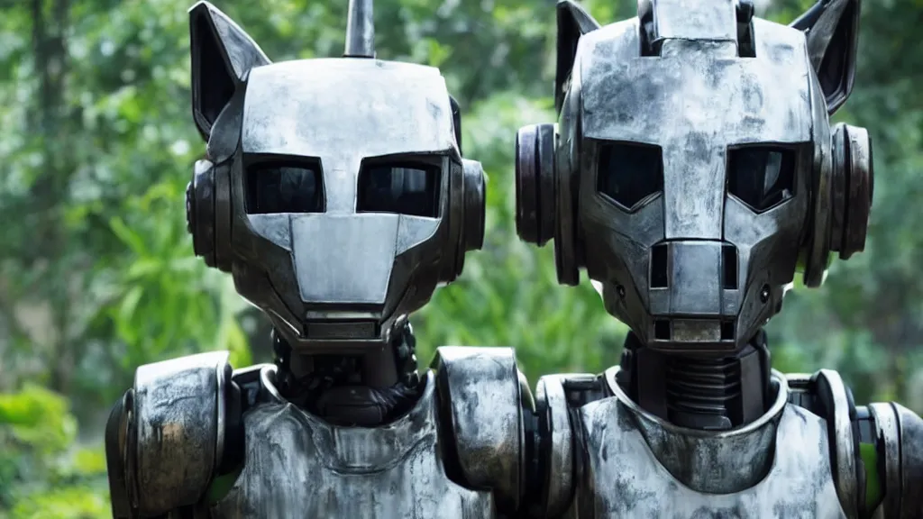 Prompt: film still from the movie chappie of the robot chappie shiny metal outdoor park plants garden scene bokeh depth of field several figures furry anthro anthropomorphic stylized cat ears wolf muzzle head android service droid robot machine fursona