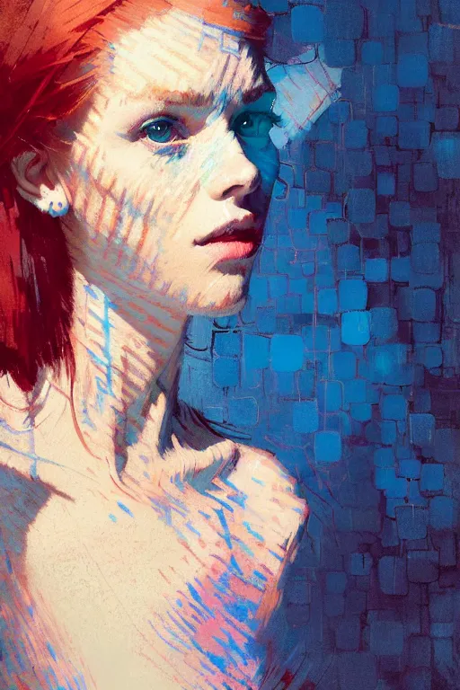Image similar to portrait of a beautiful girl, redhead, shades of blue, beautiful face, rule of thirds, intricate outfit, spotlight, by greg rutkowski, by jeremy mann, by francoise nielly, by van gogh, digital painting