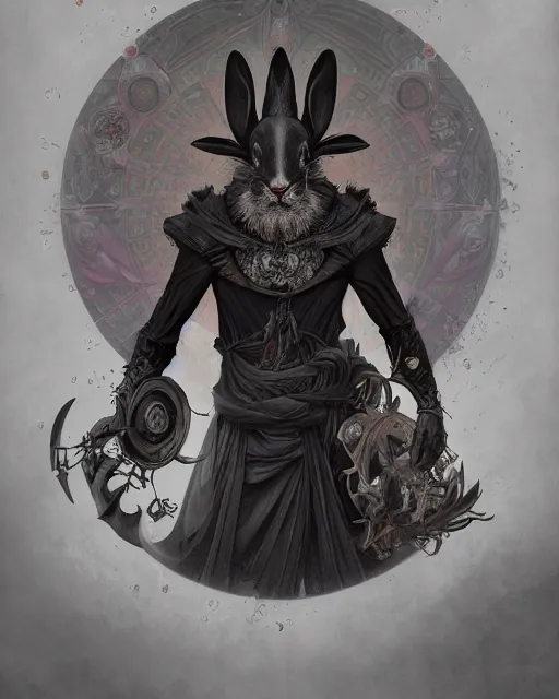 Image similar to Anthropomorphized black rabbit monk, centered, portrait, symmetrical, Path of Exile, Diablo, Warhammer, digital painting, highly detailed, concept art, Nekro, Peter Mohrbacher, Alphonse Mucha, Brian Froud, Yoshitaka Amano, Kim Keever, Victo Ngai, James Jean