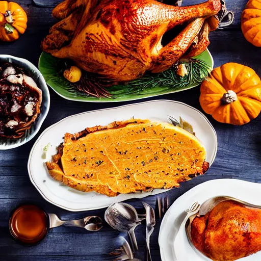 Prompt: delicious thanksgiving feast, food photography, award winning, highly detailed, high quality, high resolution