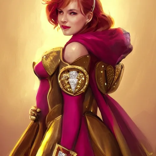 Prompt: a portrait of a beutifull women , golden armor with diamonds , bright red cape on her back , red puppils , queen crown on top of her head , fantasy, Pink short hair, beautifull smile, perfect simetrycal face proportion , artstation , by wlop , ross tran, peter xiao , dao lee