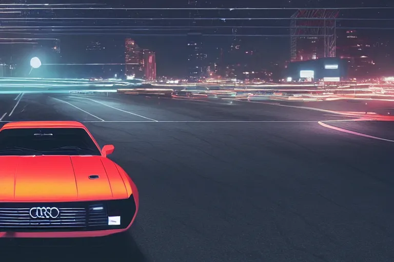 Image similar to widebody audi camaro b 1 ( 1 9 6 9 ), need for speed : carbon, at night, sci - fi, neon lines, phonk music background, smoke behind wheels, noise, dark, establishing shot, by simon stalenhag