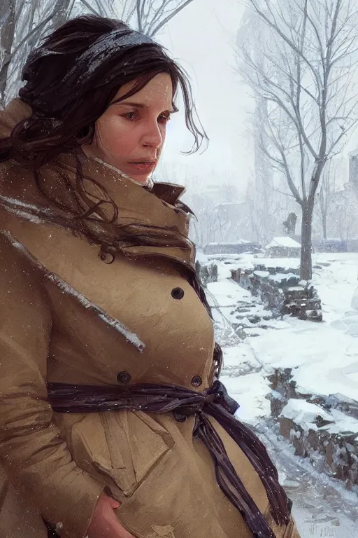 Image similar to portrait of a pregnant woman in the besieged Leningrad in winter, tears, suffering, digital painting, artstation, concept art, smooth, sharp focus, illustration, art by artgerm and greg rutkowski and alphonse mucha
