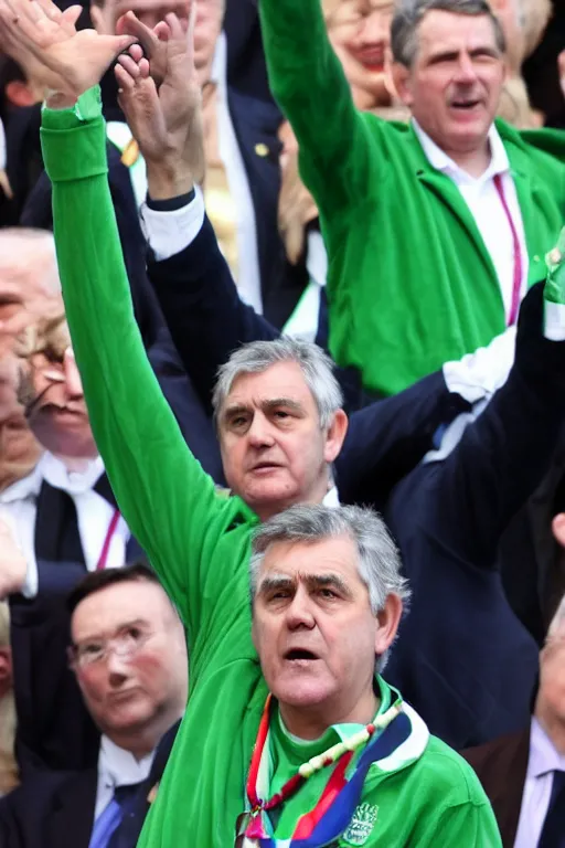 Image similar to gordon brown politician, dark hair, wearing a green tracksuit and gold necklace medallion, hands raised in the air,