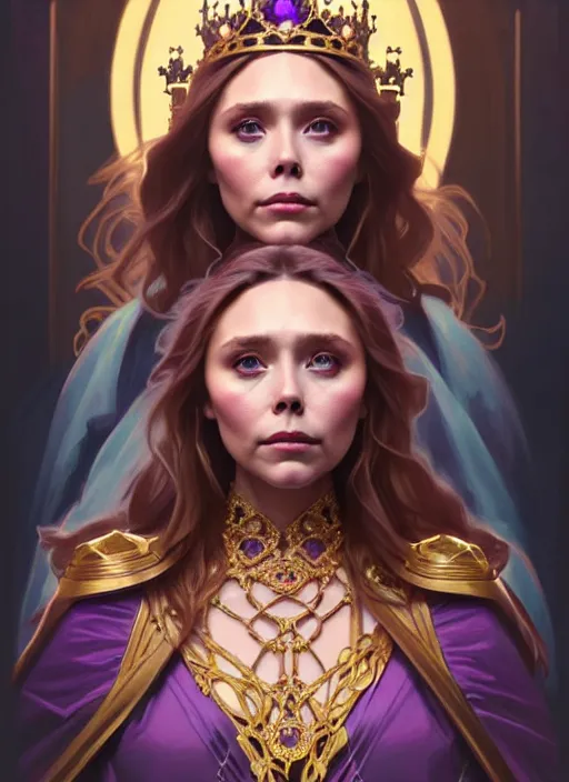 Image similar to portrait of elizabeth olsen as a queen, throne, jewelry, greek, amethyst, intricate, headshot, highly detailed, digital painting, artstation, concept art, sharp focus, cinematic lighting, illustration, art by artgerm and greg rutkowski, alphonse mucha, cgsociety