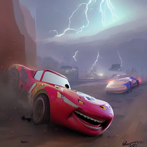 Image similar to lightning mcqueen crash in heavily by greg rutkowski