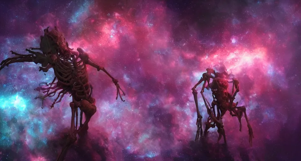 Image similar to a photo of one enormous humanoid pearlescent!! made of smoke!! skeletal cosmic!! old god!! floating in space!! in a nebula!!!!, 4 k, unreal engine, concept art, matte painting, cosmic horror!!, nightmare, color accents,