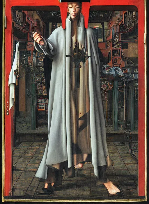 Prompt: a cyberpunk augmented priest jacking into the matrix by Jan van Eyck