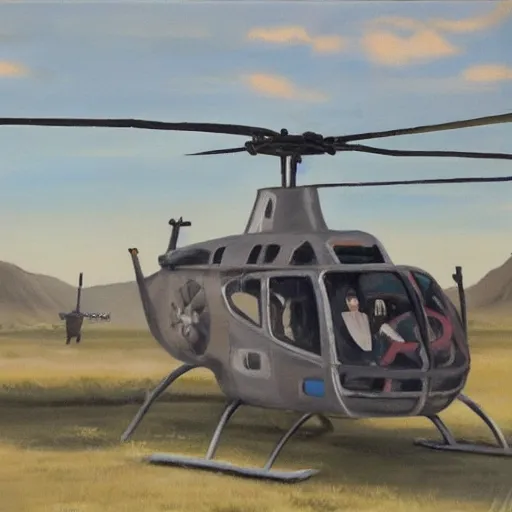 Image similar to painting of blonde swedish guy and tall korean guy in front or robinson helicopter