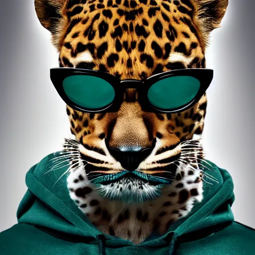 Prompt: a photorealistic canvas painting of a leopard wearing black sunglasses, a teal green hoodie and headphones around his neck. hyper detailed. this 4 k hd image is trending on artstation, featured on behance, well - rendered, extra crisp, features intricate detail, epic composition and the style of unreal engine.