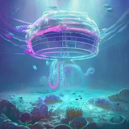 Prompt: a futuristic underwater construction surrounded by jellyfish and luminous octopuses, lighting, artstation trend