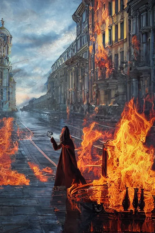 Image similar to !dream in the foreground a street of Saint Petersburg, in the background a blonde woman from behind with flames coming out of her hands wearing a long jacket like a matrix, realistic, high definition, many details, dramatic scene, detailed and realistic hands, face symmetrical, realistic eyes, art of D&D