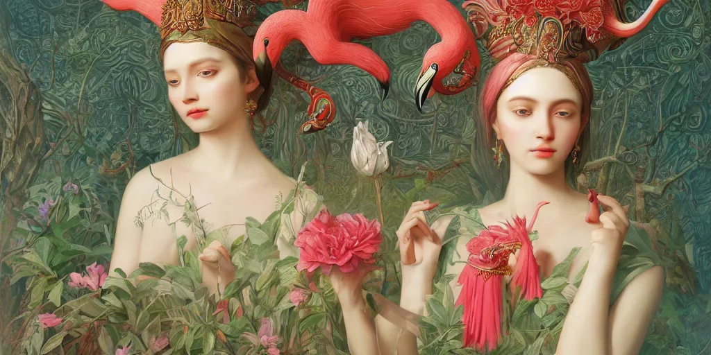 Image similar to breathtaking detailed concept art painting of the goddess of flamingo, orthodox saint, with anxious, piercing eyes, ornate background, amalgamation of leaves and flowers rafflesia arnoldii, by Hsiao-Ron Cheng and John James Audubon, extremely moody lighting, 8K