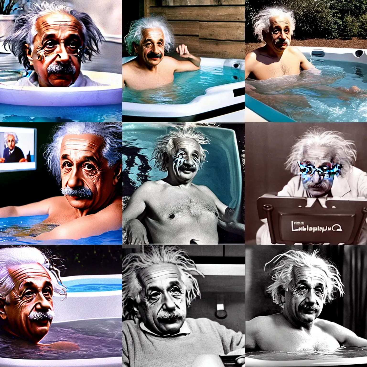 Prompt: beautiful photograph of albert einstein streaming on twitch in a hot tub