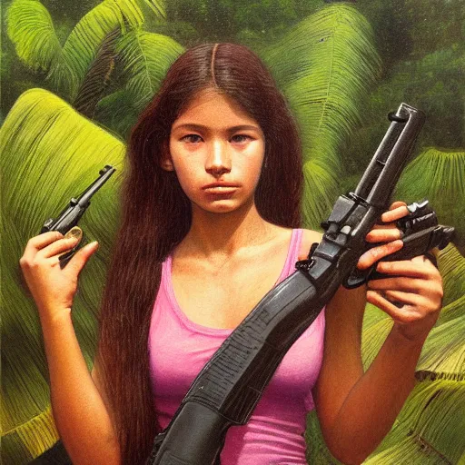 Prompt: a ultradetailed beautiful painting of a latina brazilian venezuelan young woman girl holding a gun in the amazonas by cheng hsiaoron, ngai victo, nivanh chanthara jean delville wlop and dougherty patrick, trending on artstation, scifi, futurism, postcapitalism, octane rendering, sharp focus, soft light - n 9