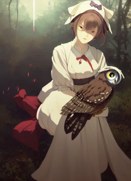 Prompt: florence nightingale with her pet owl in the pocket of her apron gapmoe yandere grimdark, trending on pixiv fanbox, painted by greg rutkowski makoto shinkai takashi takeuchi studio ghibli