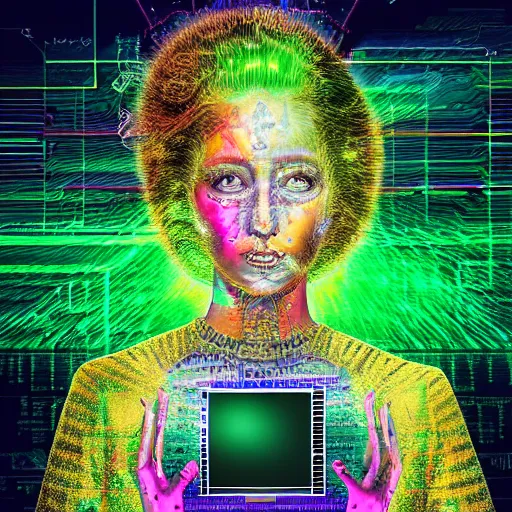 Prompt: a majestic portrait of an old female computer algorithm with heart and brain and soul connected to the computer cloud using digital energy beams, digital painting, high detail, 8 k, intricate ornamental details, avant garde, vibrant iridescent colors, green magenta and gold