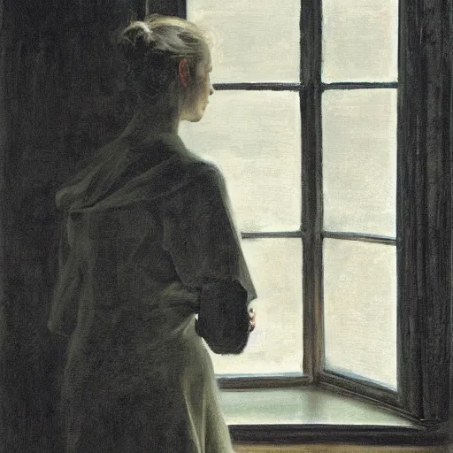 Image similar to silhouette of a woman gazing out her window at the rain, extremely detailed masterpiece, oil on canvas, somber, in the world of Andrew Wyeth, artstation, by J. C. Leyendecker and Peter Paul Rubens,