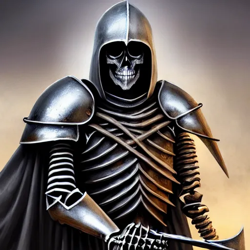 Image similar to a medieval knight slowly transforming into a skeleton, matte oil painting, concept art, dnd, clear, crisp, sharp, bones, armor, eldritch, award - winning, extremely detailed, 4 k, 8 k