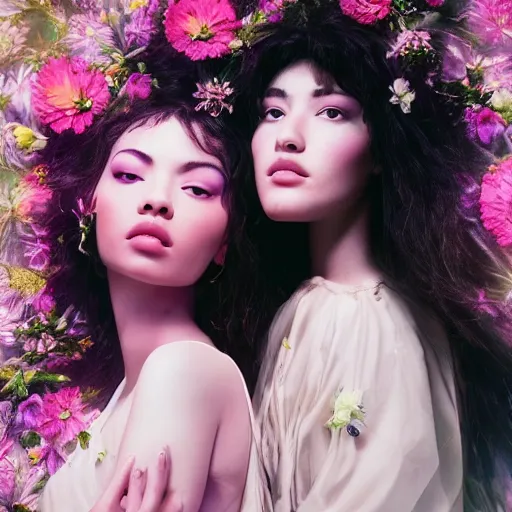 Image similar to portrait of the two most beautiful women surrounded by soft florals, vaporwave lighting, dewy skin, concept art, high detail, beautiful, dreamy