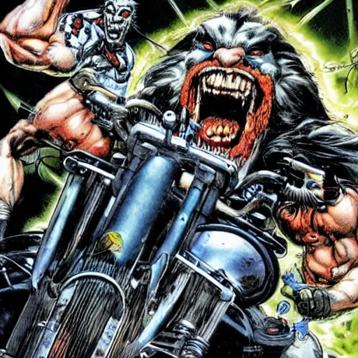 Image similar to lobo on jetbike, art simon bisley, hyperdetailed