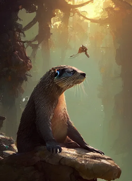 Image similar to a beautiful portrait of an anthropomorphic otter. character design by cory loftis, fenghua zhong, ryohei hase, ismail inceoglu and ruan jia. volumetric light, detailed, rendered in octane