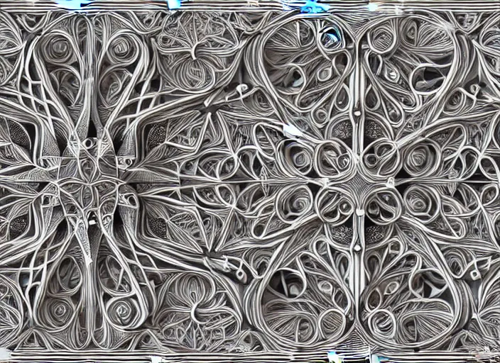 Image similar to symmetry! humans, intricate filigree, elegant, highly detailed, concept art, smooth, sharp focus, lineart, illustration, 3 d occlusion, thinline with black on white on gray, 8 k