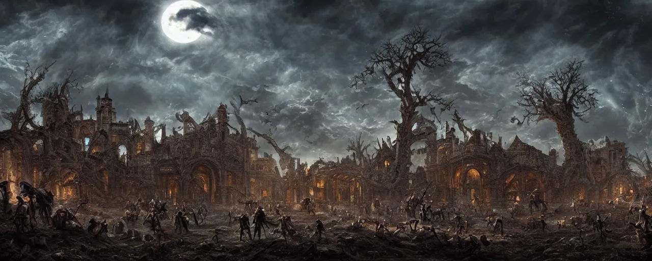 Image similar to hordes of skeletons battling with scifi weapons, at a ruined palace at night, beautiful clouds and trees, moonlight, cinematic lighting, cineovision