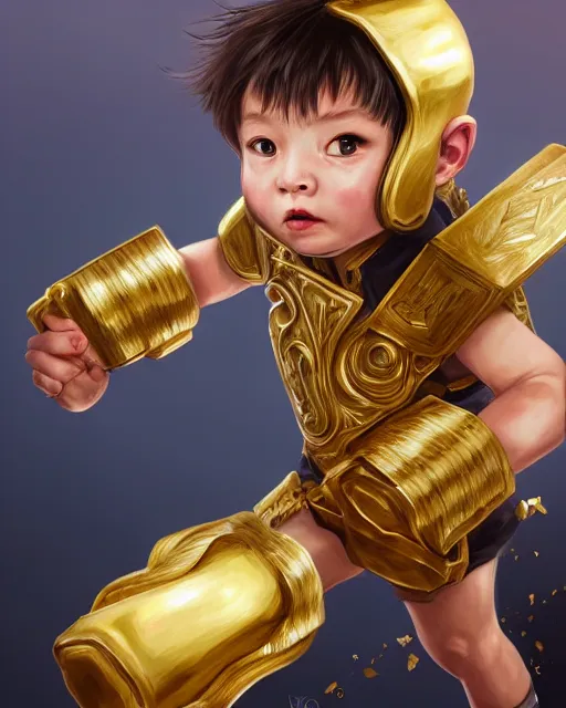 Prompt: a tiny kid with one massive gauntlet made of solid gold, smooth, intricate, elegant, digital painting, artstation, concept art, sharp focus, illustration, art by koyoharu gotouge,