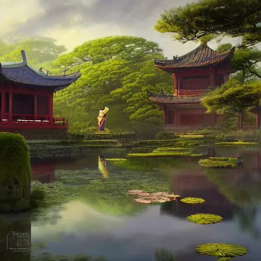 Prompt: chinese ancient building, lotus blooming, waterlily pond, magnificent and fantastic john howe landscape, summer, clouds, fairy tale, light effect, super wide angle, greg rutkowski, unreal engine, james gurney, artstation
