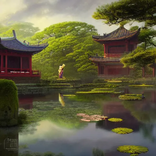 chinese ancient building, lotus blooming, waterlily | Stable Diffusion ...