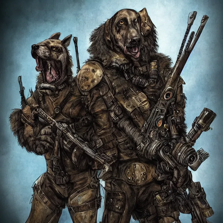 Image similar to a good ol'hound dog fursona ( from the furry fandom ), heavily armed and armored facing down armageddon in a dark and gritty version from the makers of mad max : fury road. witness me.