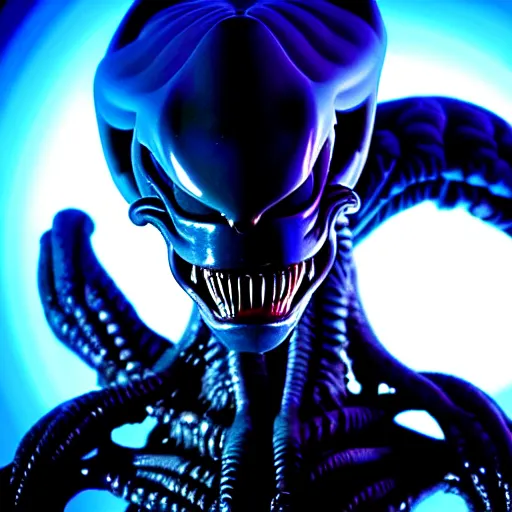 Image similar to a xenomorph looking menacingly at the camera, dramatic blue lighting