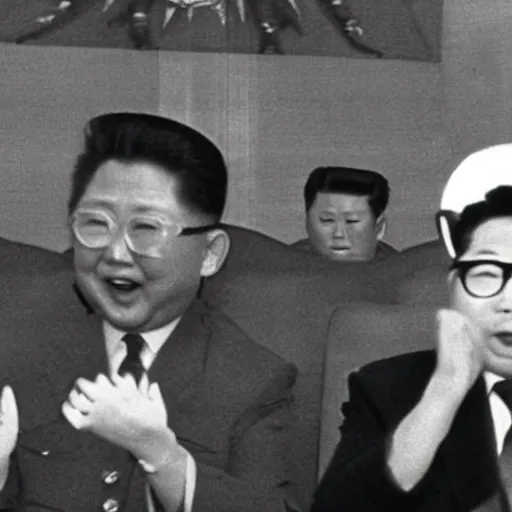 Image similar to rare vintage footage of a Kaiju Starfish monster overshadowing Kim Jong-il, obscured underexposed view