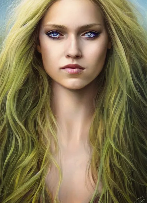 Prompt: a painting of a woman with long blonde hair and green eyes, a photorealistic painting by magali villeneuve, featured on cgsociety, fantasy art, detailed painting, photorealistic