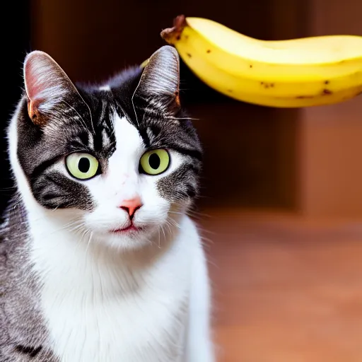 Image similar to a cat with banana on his head, professional photography