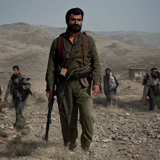 Image similar to kurdish communist in a movie directed by christopher nolan, movie still frame, promotional image, imax 7 0 mm footage