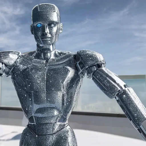 Image similar to made of ice, a realistic detailed photo of a guy who is an attractive humanoid who is half robot and half humanoid, who is a male android, on display, blank stare, showing off his muscles, shiny skin, posing like a statue, by the pool, frozen ice statue, twitch streamer / gamer ludwig, humanoid robot